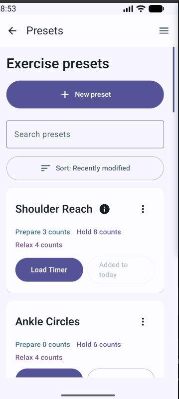 Named exercise presets with Prepare, Hold and Relax counts.