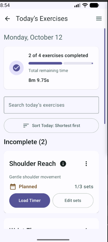 A daily plan with exercise completion and set progress.
